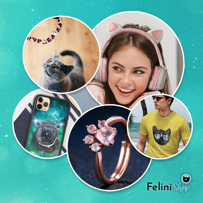 Images of cat products and cat-lover gifts at Felini.shop (e.g. cat headphones, cat toys, cat ring, cat t-shirt, cat phone case))