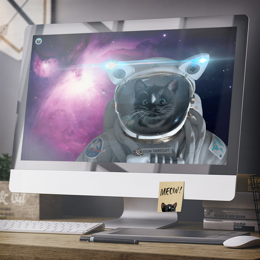 Felini the Kitty Astro Cat in Space Suit - image as wallpaper background on Apple monitor