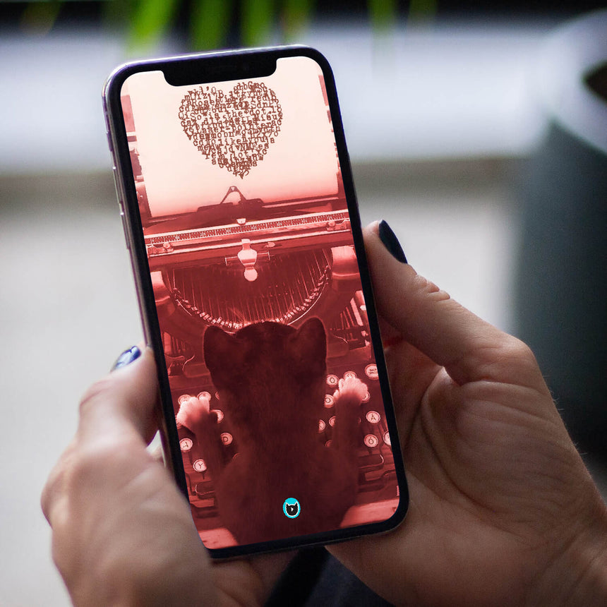 Felini the Kitty typing heart shaped letters wallpaper on a phone held by woman's hands