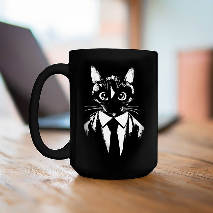 Black & White Felini Cat Drawing in Suit - Black Mug 15oz (440ml)