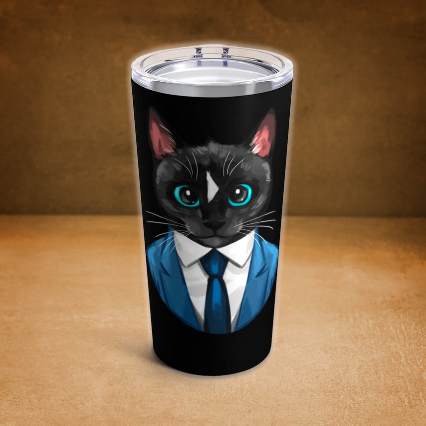 Business Cat Black Tumbler - Felini Cat in Suit 20oz (590ml)