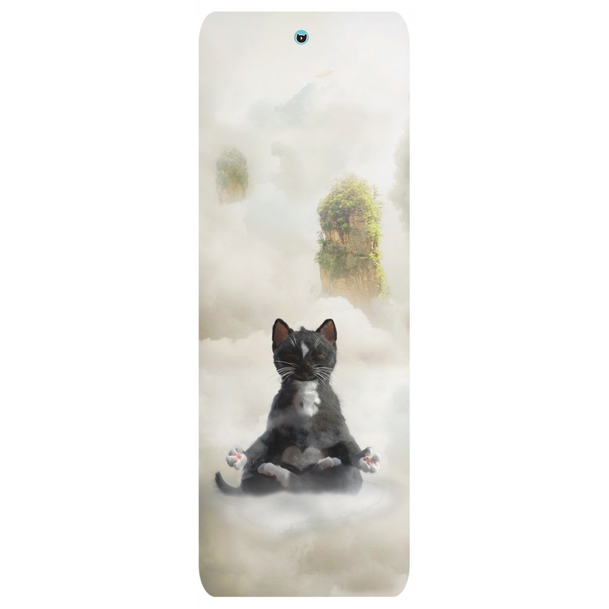 Professinal Yoga Mat Showing Felini Cat Meditating on Cloud With Floating Island in The Sky