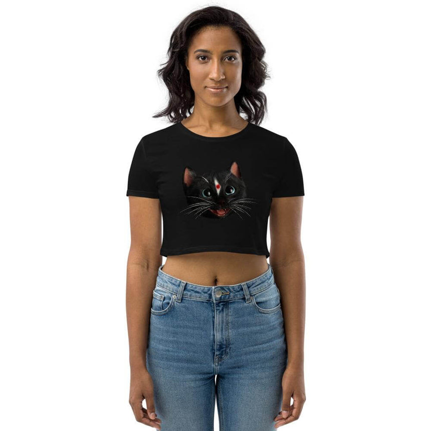 Woman wearing Black Crop Top T-Shirt with head of Felini the Kitty as Indian Cat with a Bindi Dot on his forehead