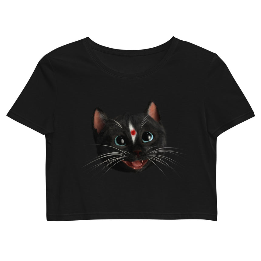 Black Crop Top T-Shirt with head of Felini the Kitty as Indian Cat with a Bindi Dot on his forehead