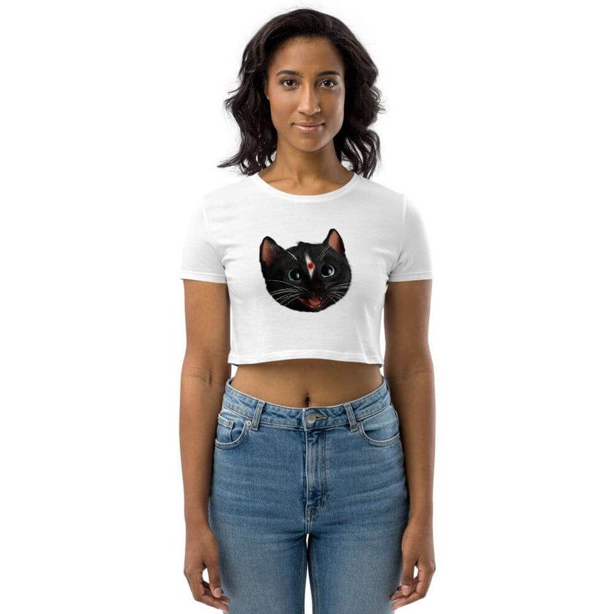 Woman wearing White Crop Top T-Shirt with head of Felini the Kitty as Indian Cat with a Bindi Dot on his forehead