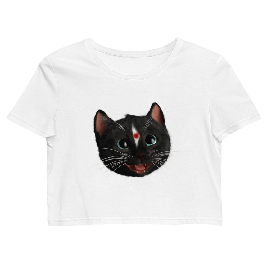 White Crop Top T-Shirt with head of Felini the Kitty as Indian Cat with a Bindi Dot on his forehead