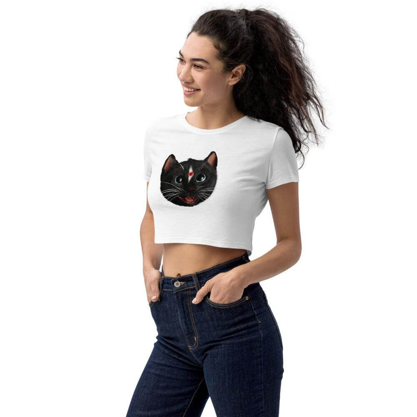 Woman wearing White Crop Top T-Shirt with head of Felini the Kitty as Indian Cat with a Bindi Dot on his forehead