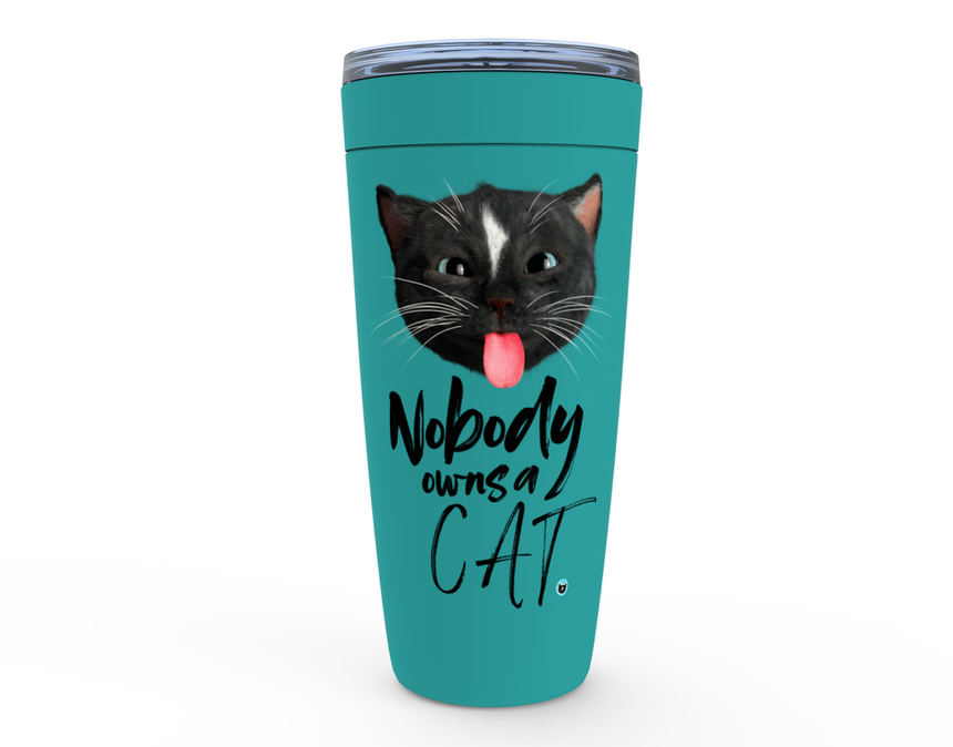 Viking Tumbler 20oz mint green with Felini the Kitty sticking tongue out with text Nobody Owns A Cat