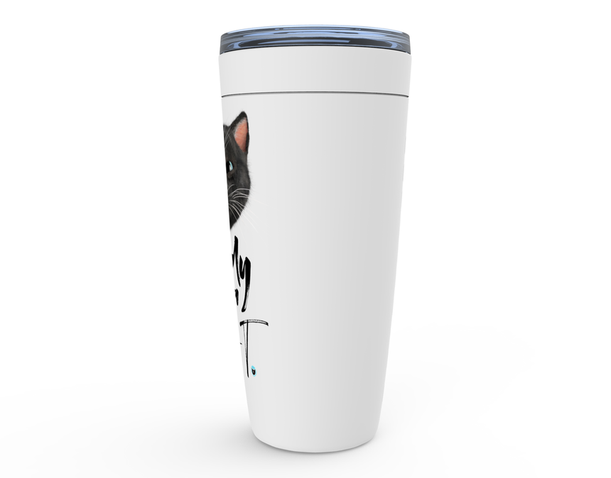 Viking Tumbler 20oz white with Felini the Kitty sticking tongue out with text Nobody Owns A Cat - side view