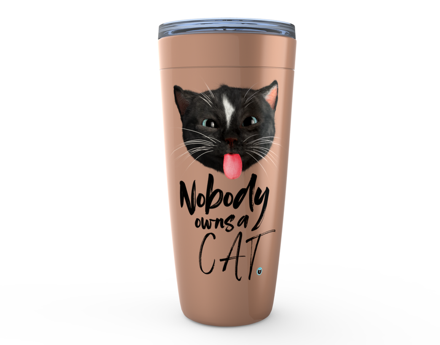Viking Tumbler 20oz copper colored with Felini the Kitty sticking tongue out with text Nobody Owns A Cat